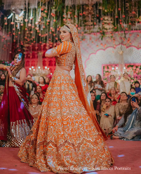 Unique Orange Colored Wedding Wear Embroidered Silk Lehenga Choli