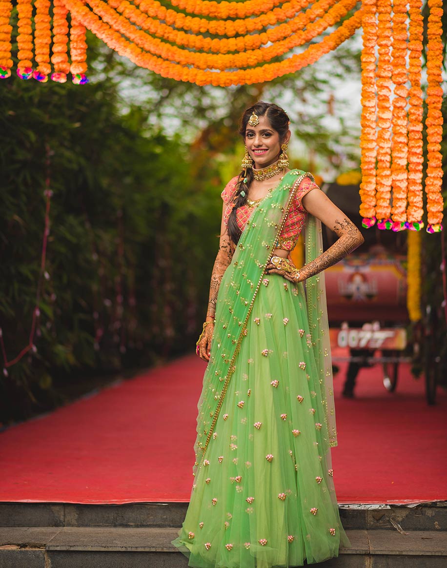 Buy Launching Light Green Printed Lehenga With Contrast Blouse