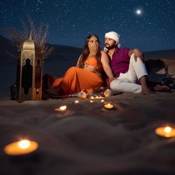 Qatar’s amber sunset desert and shimmering night sky framed this couple’s dreamy pre wedding shoot!