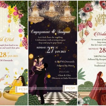 Vintage illustrations and elegant hues – Posh Invites aces in every frame with this breezy digital wedding invitation!