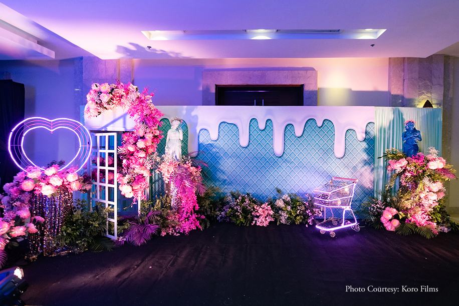 Neon lights with floral Decor at Sangeet