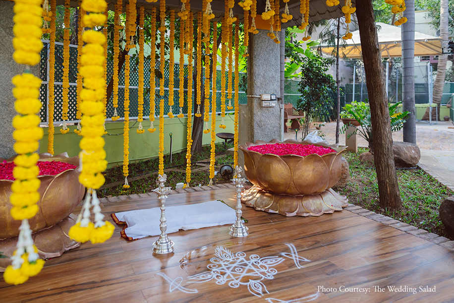 Haldi celebration with marigold decor at Chennai