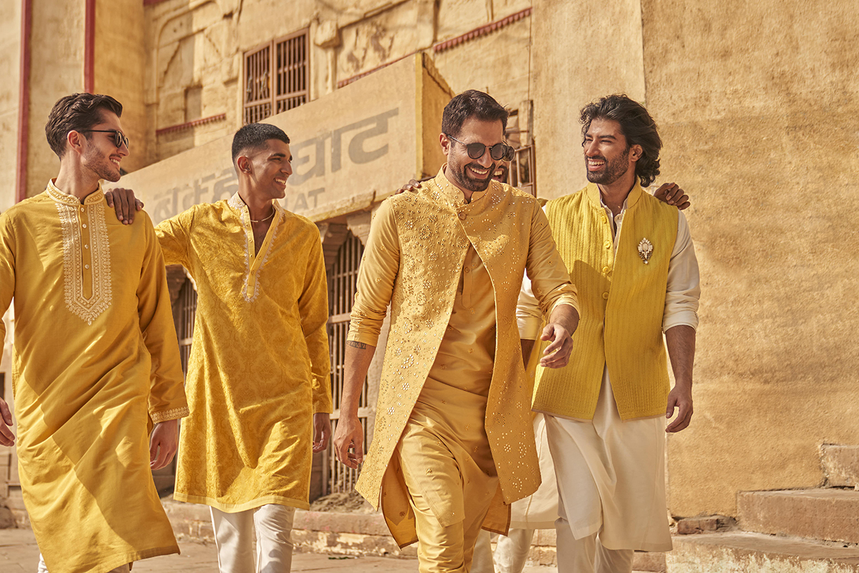 Group of Men Wearing Yellow Ethnic Wear