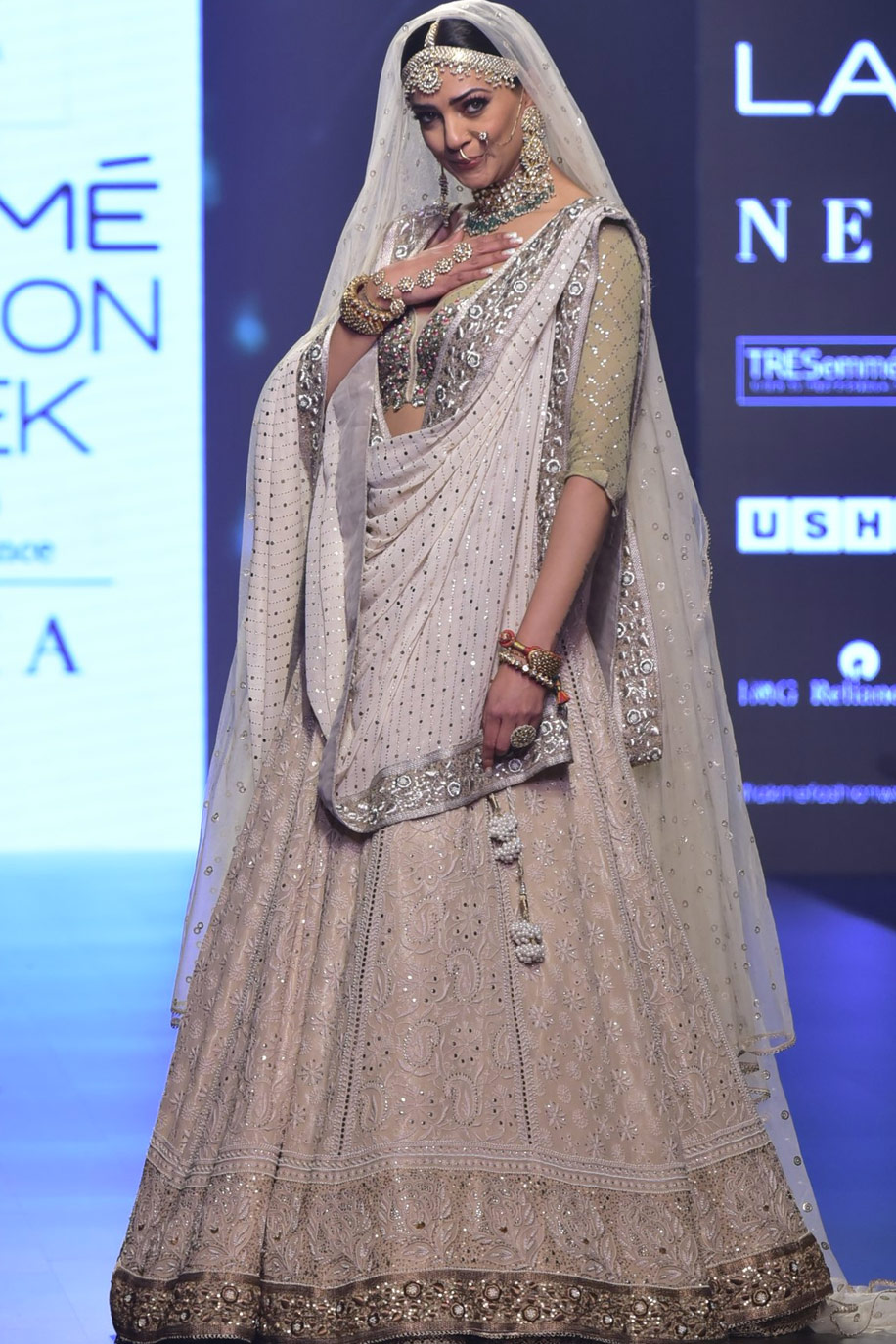 Beige & Ivory Kaamdani & Chikankari work Bridal Lehenga set by House of Kotwara