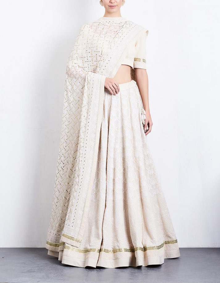 Ivory Lehenga with Parsi Gara and Chikan work by Anjul Bhandari