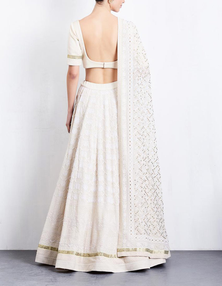 Ivory Lehenga with Parsi Gara and Chikan work by Anjul Bhandari