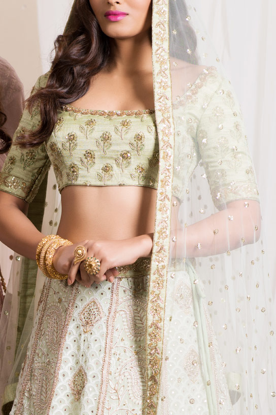 Pale Mint Chikankari Lehenga with Abla work by Sumona