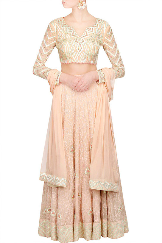 Peach Chikankari Lehenga by Esha and Neha