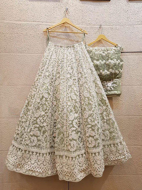 Olive Chikankari Lehenga by Ekaa Couture