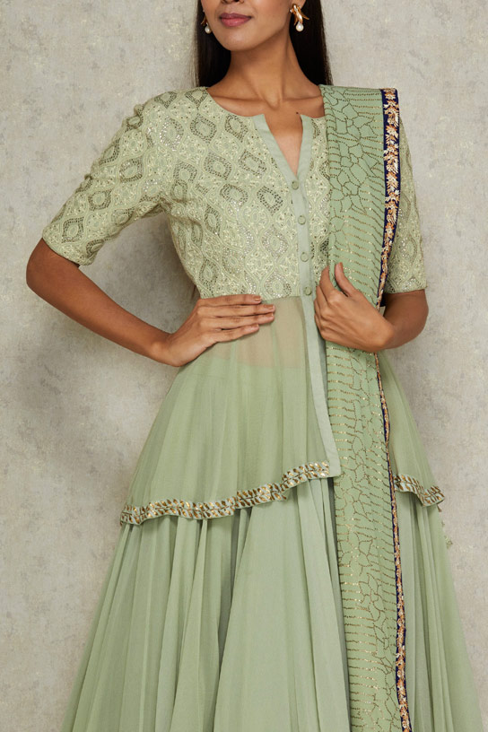 Sage Green Chikankari Kediya set by Anjul Bhandari