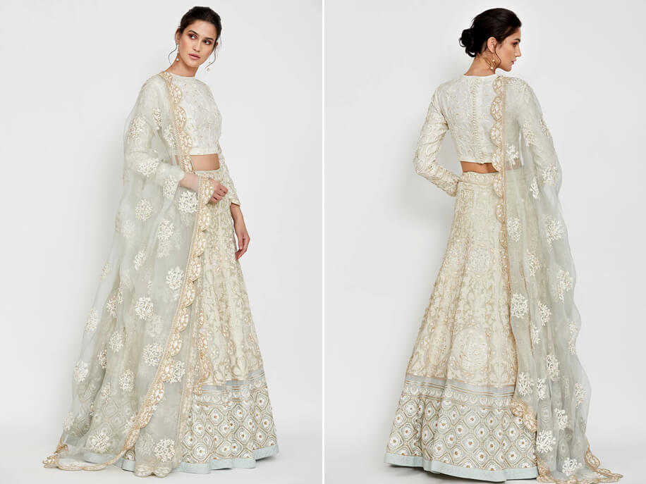 Gold tissue chikankari lehenga skirt with heavy embroidery – Dhaaga&Co.