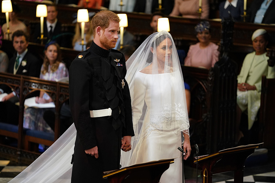 Meghan Markle's flowing 15-ft silk tulle train and floral embroidered veil