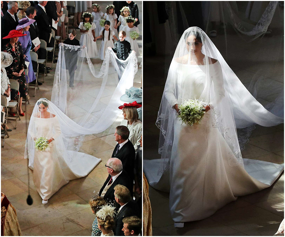 Meghan Markle's flowing 15-ft silk tulle train and floral embroidered veil