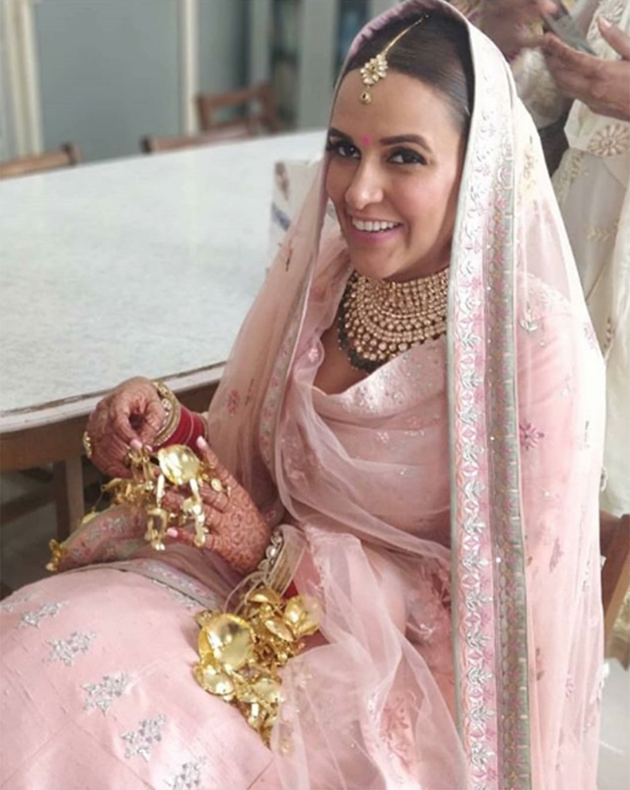 Neha Dhupia in Anita Dongre Pink Lehenga for Wedding