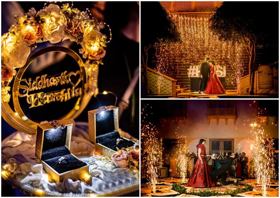 The groom wearing Kunal Rawal creation, while the bride glittered in a red Sulakshana Monga couture gown for the ring ceremony