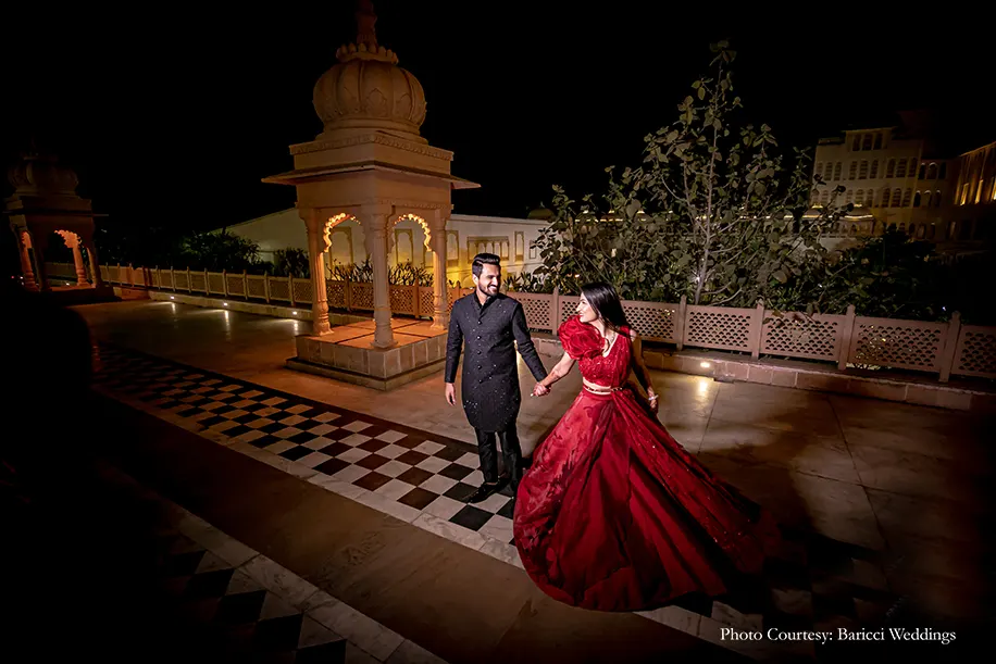 The groom wearing Kunal Rawal creation, while the bride glittered in a red Sulakshana Monga couture gown for the ring ceremony