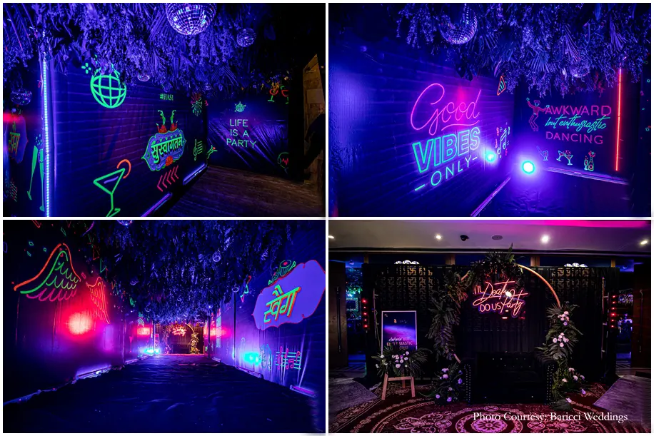Neon hues, rich foliage canopies hung with shiny disco balls, cold pyros and chandeliers decor for the sangeet