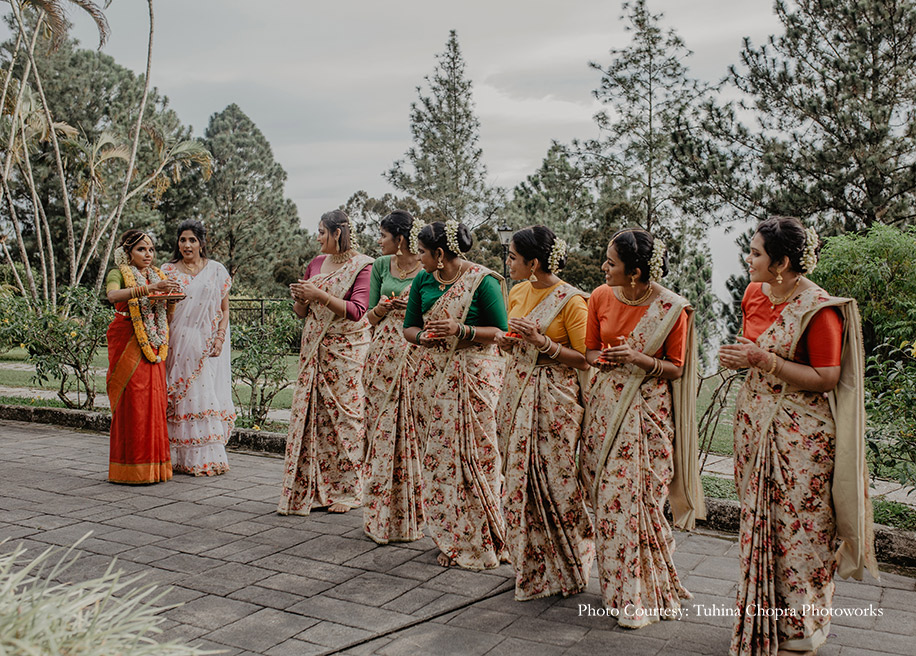 Bridesmaids in floral saree