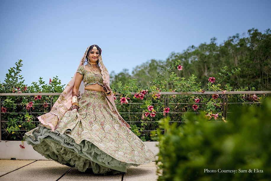 Pista green and peach lehenga by Anamika Khanna for wedding