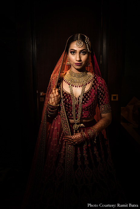 Wine colored velvet lehenga