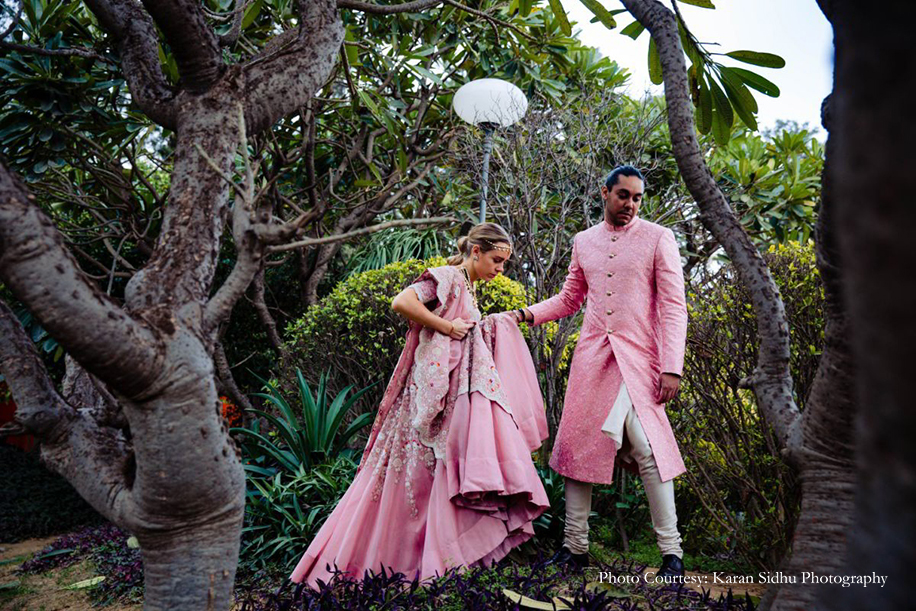 Pink mehendi outfit by Anamika Khanna