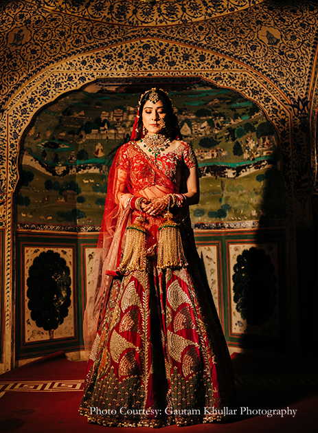 Anamika Khanna red lehenga and Kaleerein by Devanshi Seth