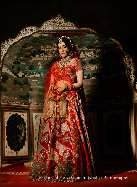 Anamika Khanna red lehenga and Kaleerein by Devanshi Seth