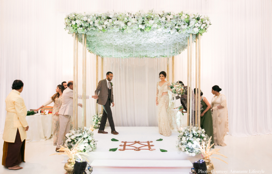 Indoor Wedding Mandap with Canopy of Snow White Flowers