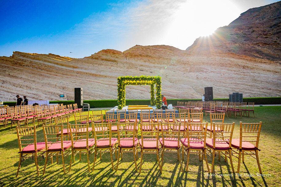 Outdoor Wedding Mandap against Oman’s brown mountains