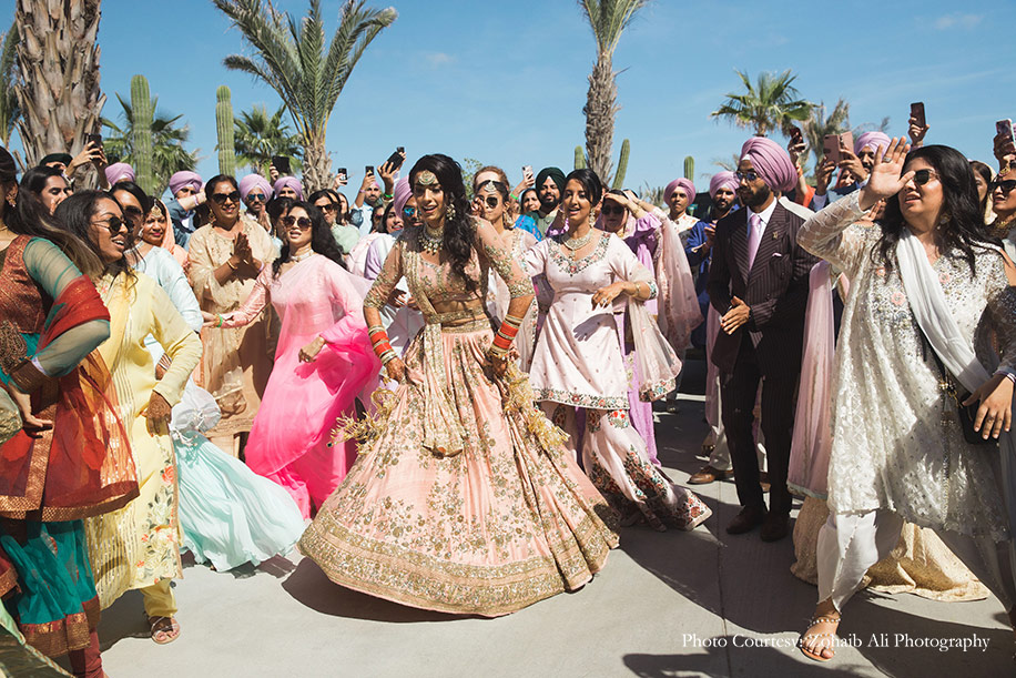 Bride wearing delicate blush lehenga by Astha Narang for Anand Karaj Bride wearing delicate blush lehenga by Astha Narang for Anand Karaj