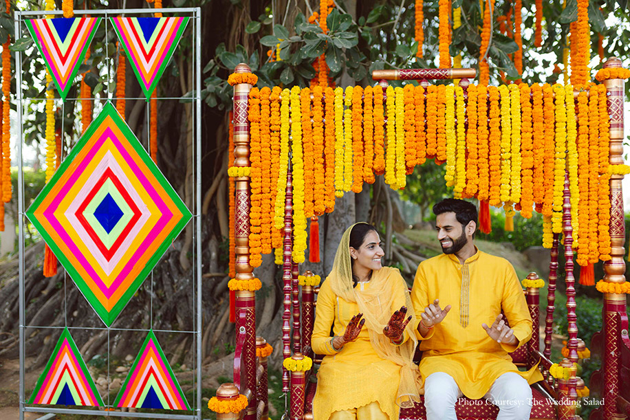 Haldi celebration with marigold decor at Taj Falaknuma Palace, Hyderabad