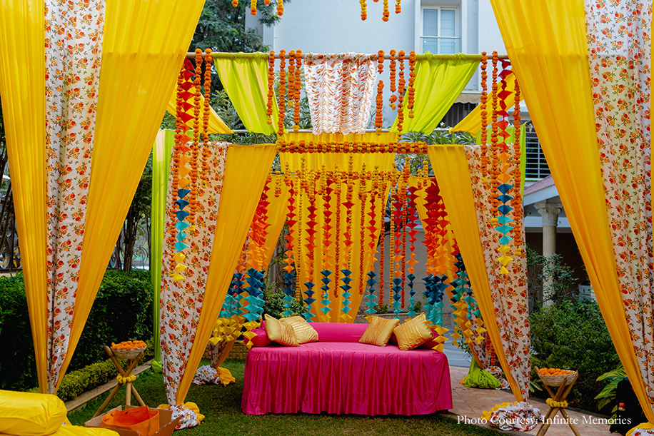 Haldi decoration with the strings of marigolds