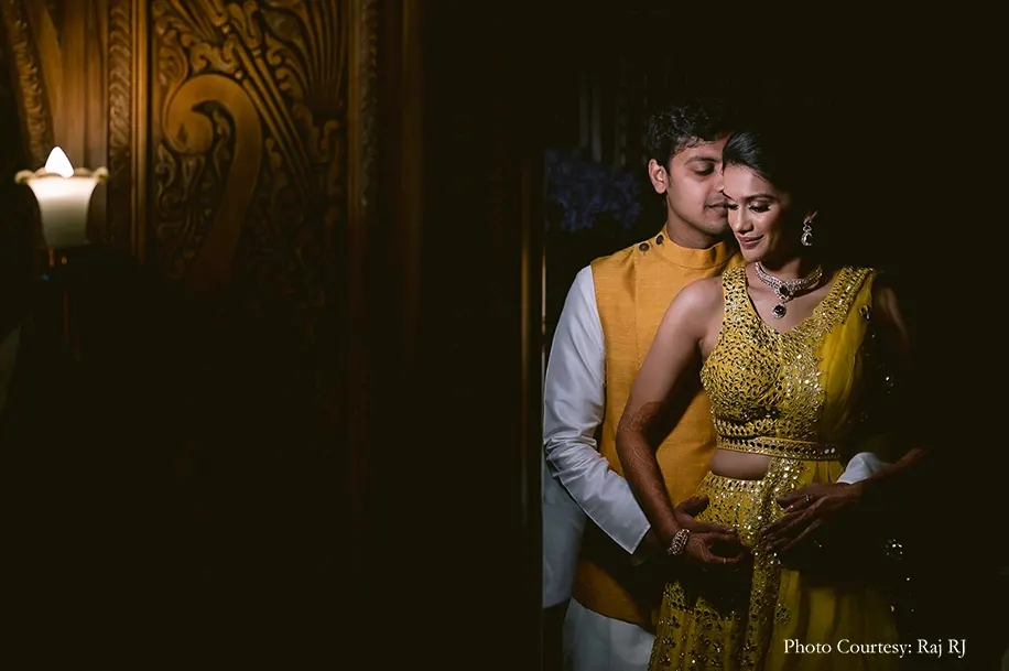 Couple in yellow outfit for the mehendi
