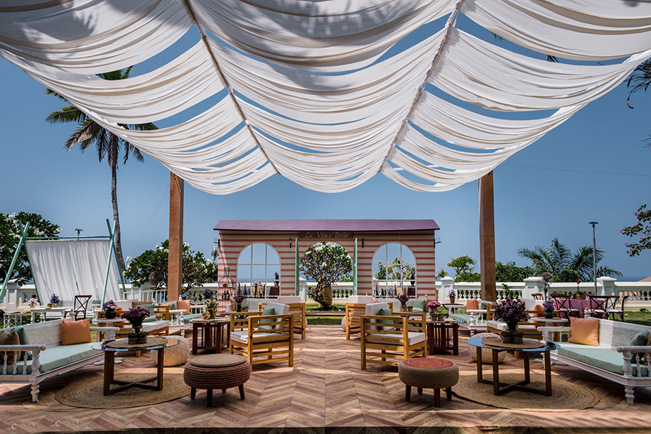 Italy inspired Welcome Lunch Indian Wedding decor Beachfront.