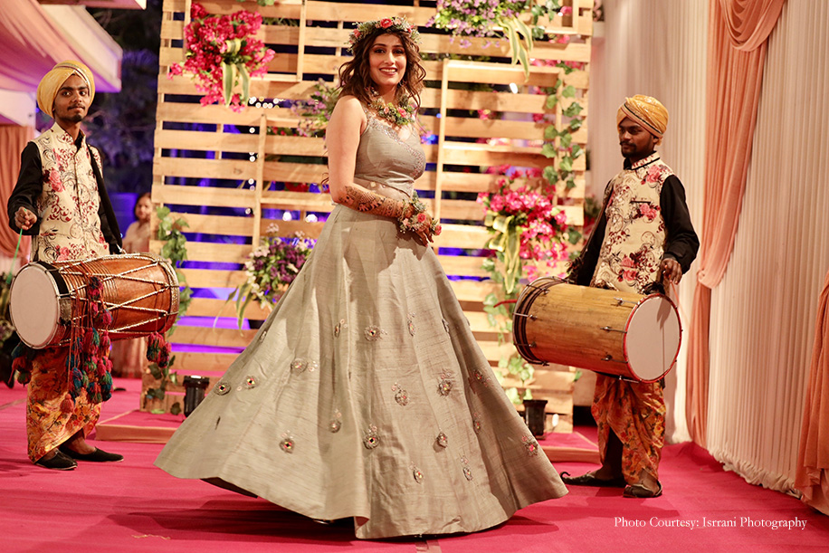 grey mehendi lehenga accessorized with floral jewelry grey mehendi lehenga accessorized with floral jewelry