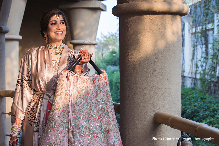 Beige and pink embroidered floral lehenga