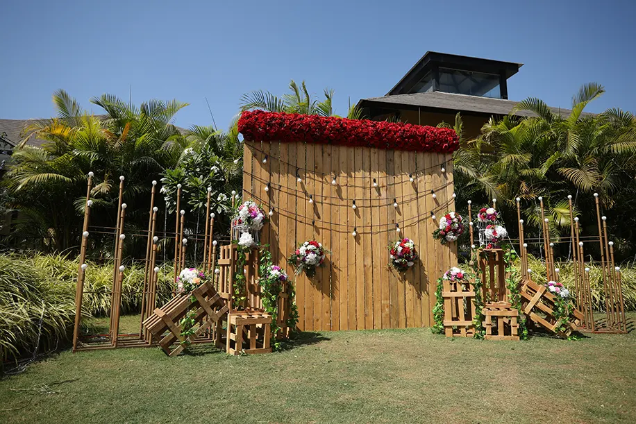 Wooden and floral pool party decor