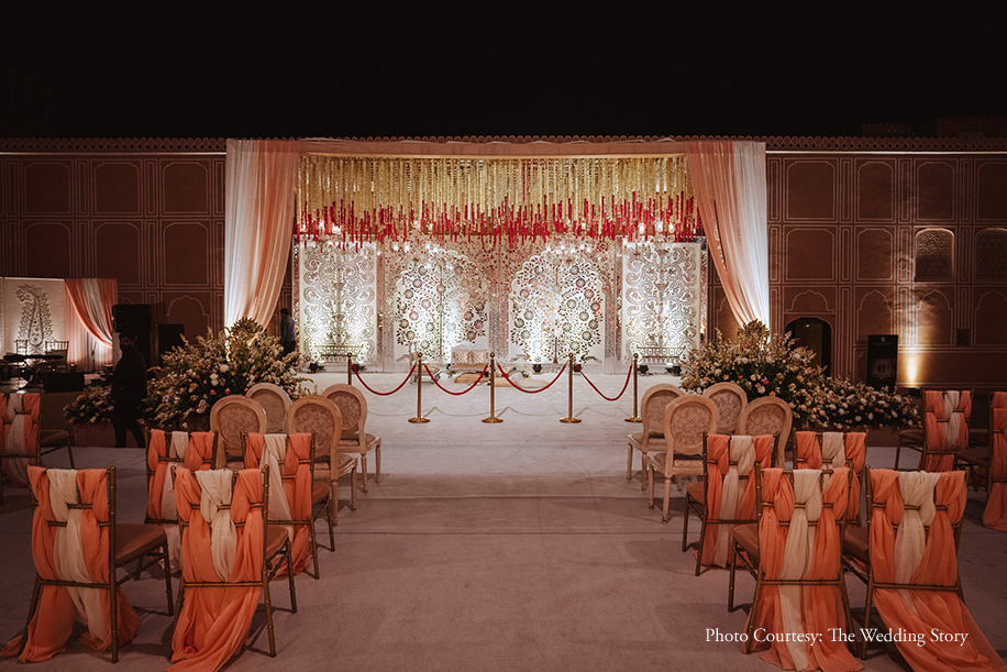 Wedding celebration with luxurious and warm lighting decor at City Palace Jaipur