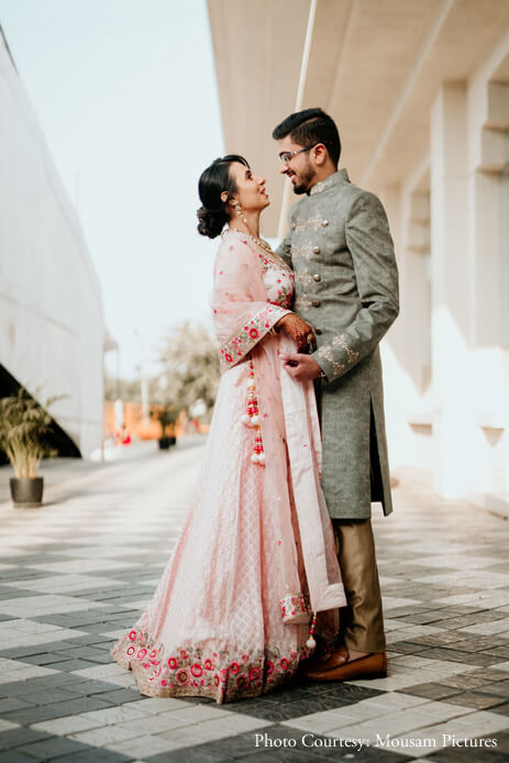 pink lehenga with flowers embroidered