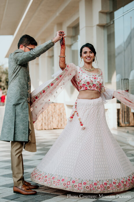 pink lehenga with flowers embroidered