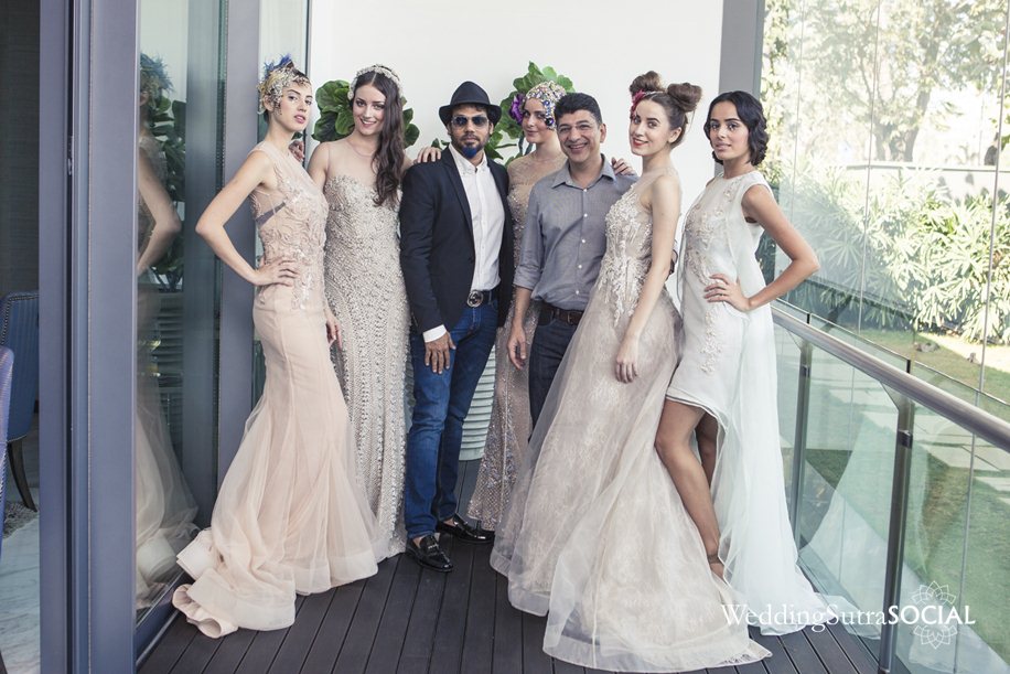 Shane Peacock and Percy Chowdhry of Rustomjee with models in Falguni & Shane Peacock summer bridal collection