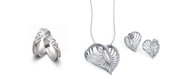 Unique heart shaped, platinum chain pendant & earring set