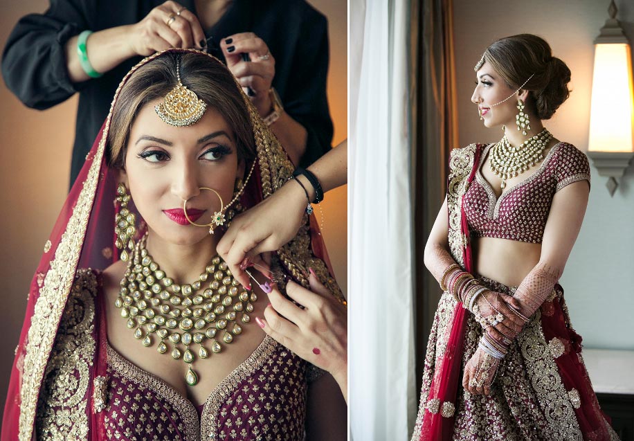 Photo of A pictures of a bride in maroon lehenga and beautiful jewellery.