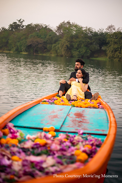 Ronit and Dhwani's pre-wedding photoshoot was packed with fun poses in a boat, garden, a quirky library, and more
