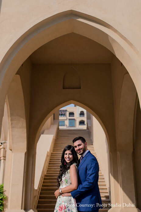 This couple explored the luxurious Madinat Jumeirah for their pre-wedding shoot
