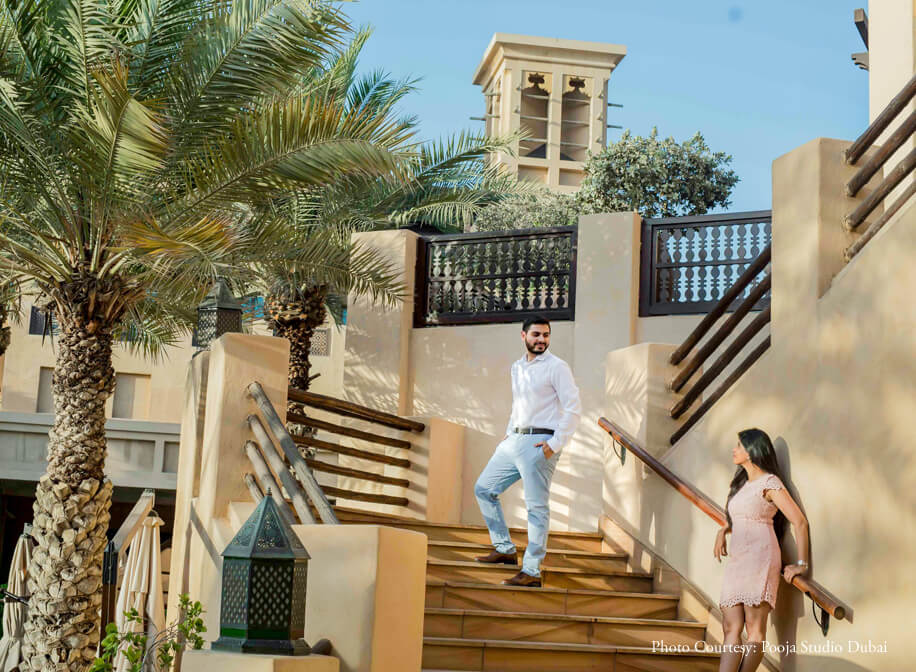 This couple explored the luxurious Madinat Jumeirah for their pre-wedding shoot