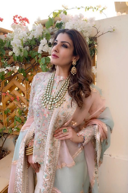 Raveena Tandon in Anamika Khanna at Isha Ambani's pre-wedding celebrations