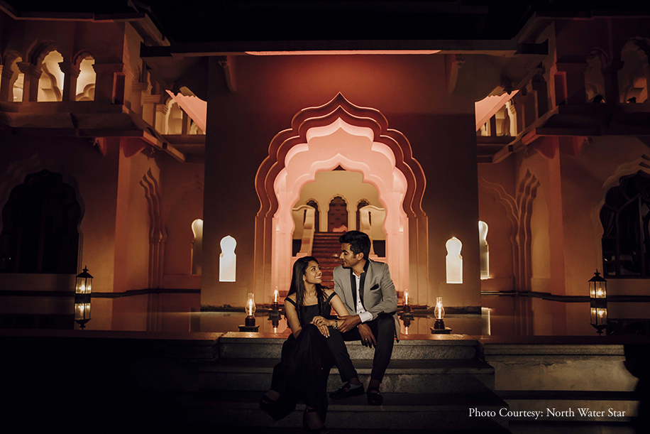Regal structures in Hampi served as dramatic backdrops for Rohini and Dheeraj's pre-wedding photoshoot