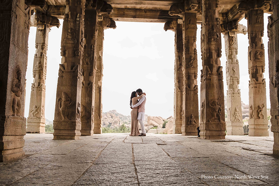 Regal structures in Hampi served as dramatic backdrops for Rohini and Dheeraj's pre-wedding photoshoot