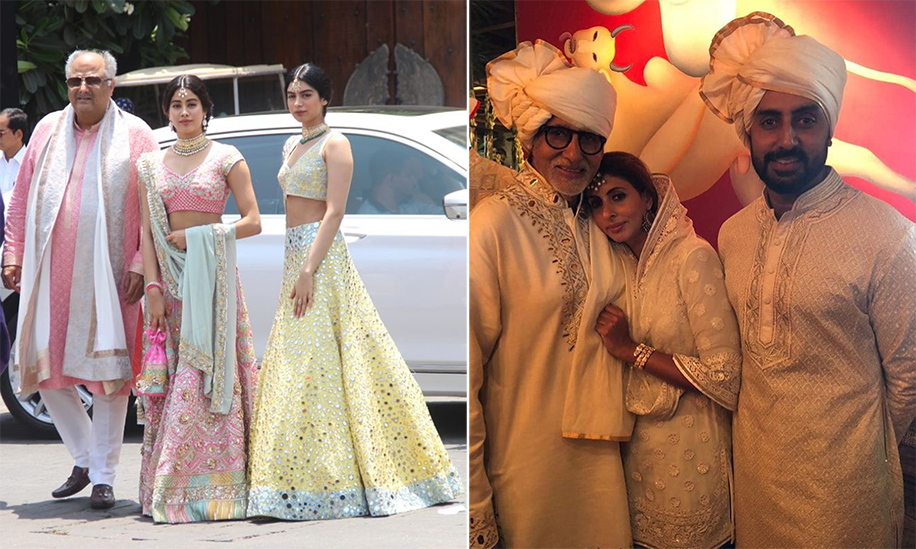 Boney Kapoor, Janhvi Kapoor, Khushi Kapoor, Amitabh Bachchan, Shweta Nanda, Abhishek Bachchan at Sonam Kapoor's Wedding